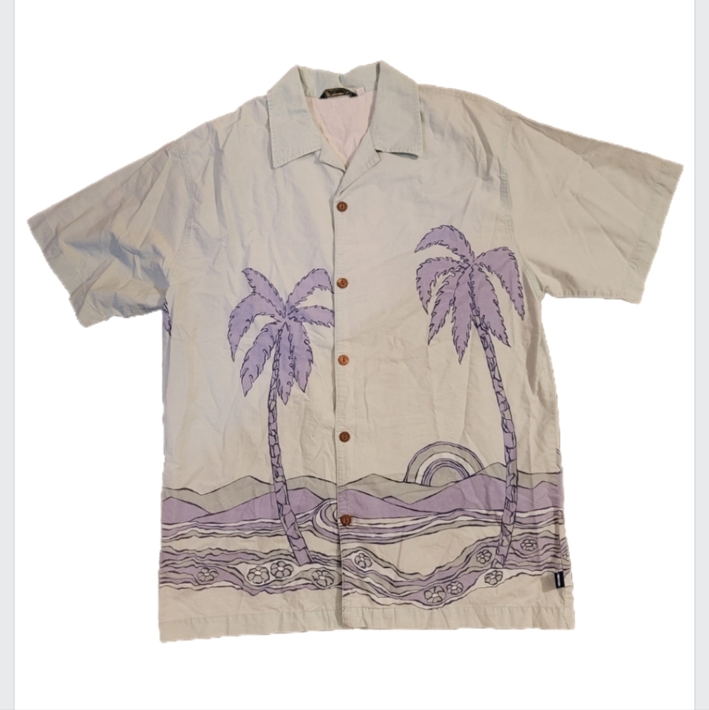 Light Blue Hawaiian Island Creation Button Up Shirt sz L 100% Cotton Beach